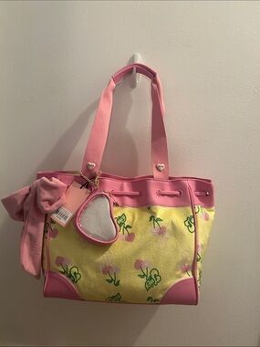 Juicy Couture Pink & Yellow Cherry Print Tote Bag